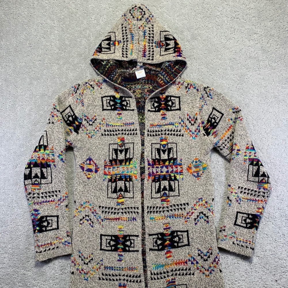 Northern Angel Cardigan Long Sweater Womens M Aztec Hooded Knit Open‎ Front